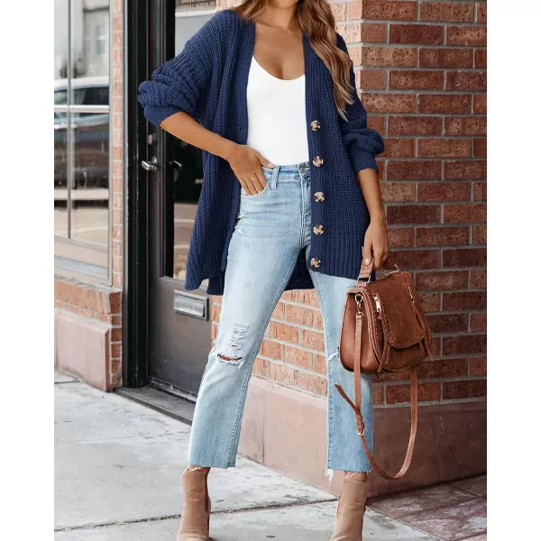 imageBTFBM Womens Button Down Cardigan Coat Long Sleeve Fall Winter Clothes Loose Chunky Knit Open Front Sweater OuterwearSolid Dark Blue