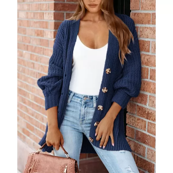 imageBTFBM Womens Button Down Cardigan Coat Long Sleeve Fall Winter Clothes Loose Chunky Knit Open Front Sweater OuterwearSolid Dark Blue