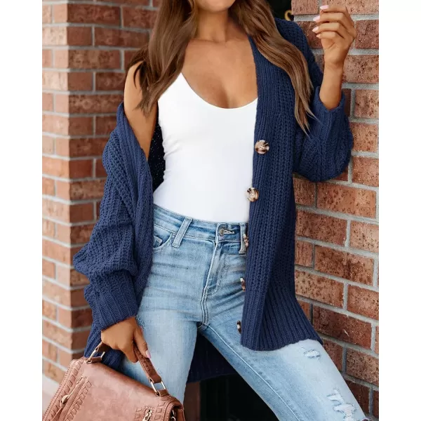 imageBTFBM Womens Button Down Cardigan Coat Long Sleeve Fall Winter Clothes Loose Chunky Knit Open Front Sweater OuterwearSolid Dark Blue