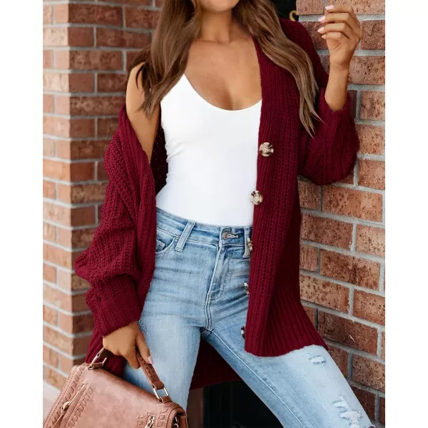 imageBTFBM Womens Button Down Cardigan Coat Long Sleeve Fall Winter Clothes Loose Chunky Knit Open Front Sweater OuterwearSolid Wine Red