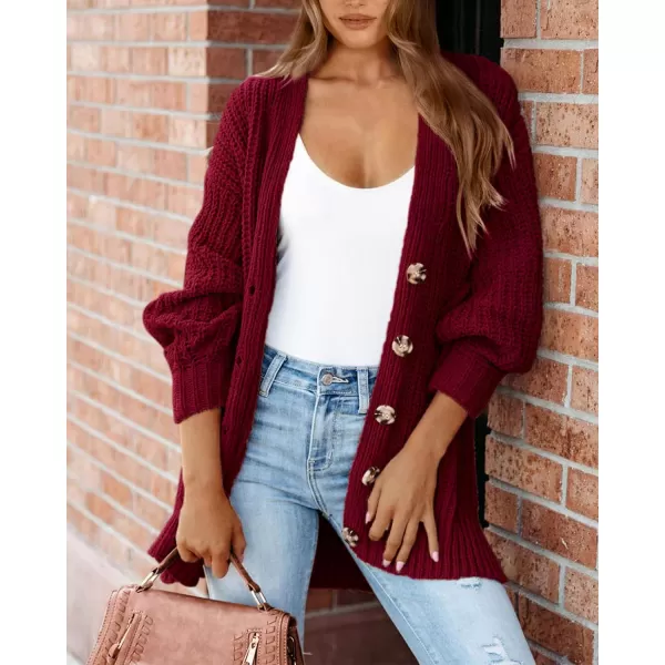 imageBTFBM Womens Button Down Cardigan Coat Long Sleeve Fall Winter Clothes Loose Chunky Knit Open Front Sweater OuterwearSolid Wine Red
