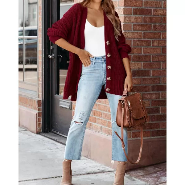 imageBTFBM Womens Button Down Cardigan Coat Long Sleeve Fall Winter Clothes Loose Chunky Knit Open Front Sweater OuterwearSolid Wine Red