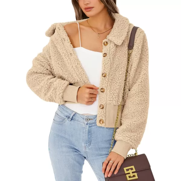 imageBTFBM Womens Button Down Sherpa Shacket Jacket Long Sleeve Faux Fur Warm Fall Winter Outwear Fuzzy Fleece Short CoatsSolid Beige Yellow