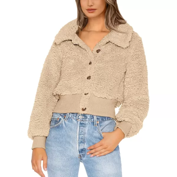 imageBTFBM Womens Button Down Sherpa Shacket Jacket Long Sleeve Faux Fur Warm Fall Winter Outwear Fuzzy Fleece Short CoatsSolid Beige Yellow