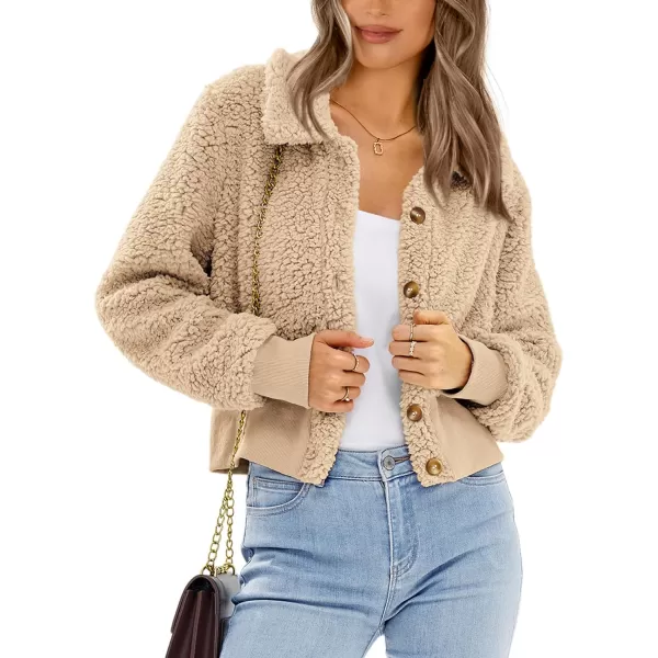 imageBTFBM Womens Button Down Sherpa Shacket Jacket Long Sleeve Faux Fur Warm Fall Winter Outwear Fuzzy Fleece Short CoatsSolid Beige Yellow