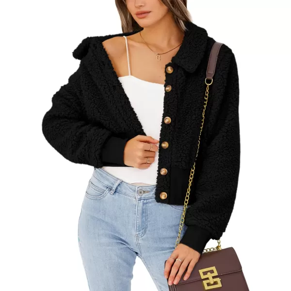 imageBTFBM Womens Button Down Sherpa Shacket Jacket Long Sleeve Faux Fur Warm Fall Winter Outwear Fuzzy Fleece Short CoatsSolid Black