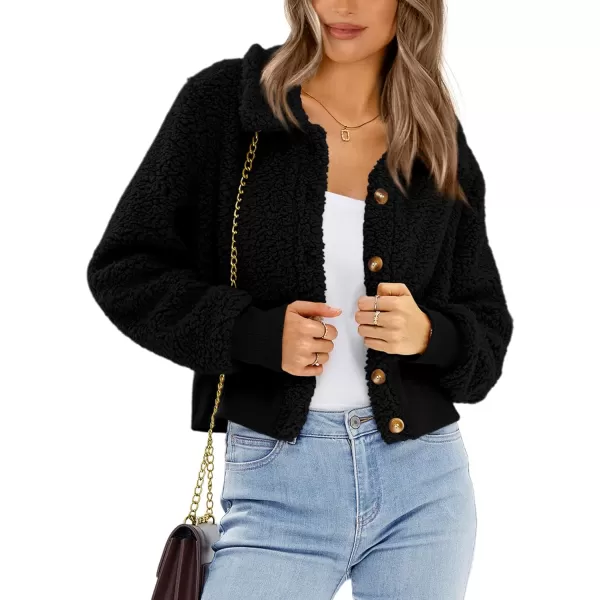 imageBTFBM Womens Button Down Sherpa Shacket Jacket Long Sleeve Faux Fur Warm Fall Winter Outwear Fuzzy Fleece Short CoatsSolid Black