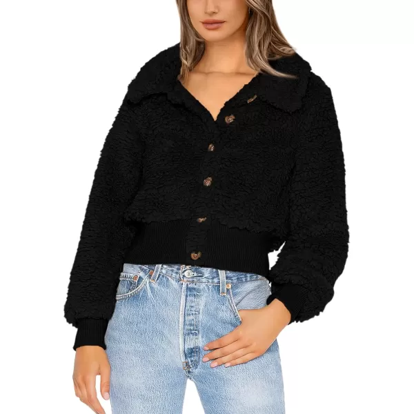 imageBTFBM Womens Button Down Sherpa Shacket Jacket Long Sleeve Faux Fur Warm Fall Winter Outwear Fuzzy Fleece Short CoatsSolid Black