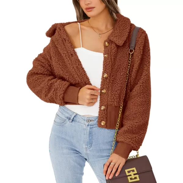imageBTFBM Womens Button Down Sherpa Shacket Jacket Long Sleeve Faux Fur Warm Fall Winter Outwear Fuzzy Fleece Short CoatsSolid Caramel