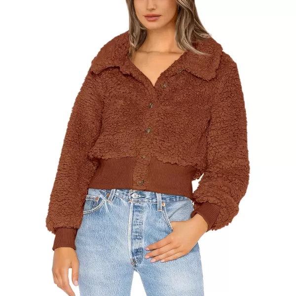imageBTFBM Womens Button Down Sherpa Shacket Jacket Long Sleeve Faux Fur Warm Fall Winter Outwear Fuzzy Fleece Short CoatsSolid Caramel