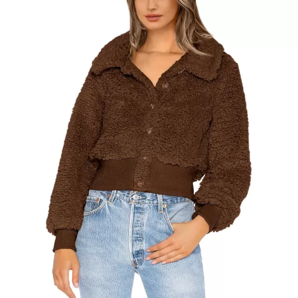 imageBTFBM Womens Button Down Sherpa Shacket Jacket Long Sleeve Faux Fur Warm Fall Winter Outwear Fuzzy Fleece Short CoatsSolid Coffee