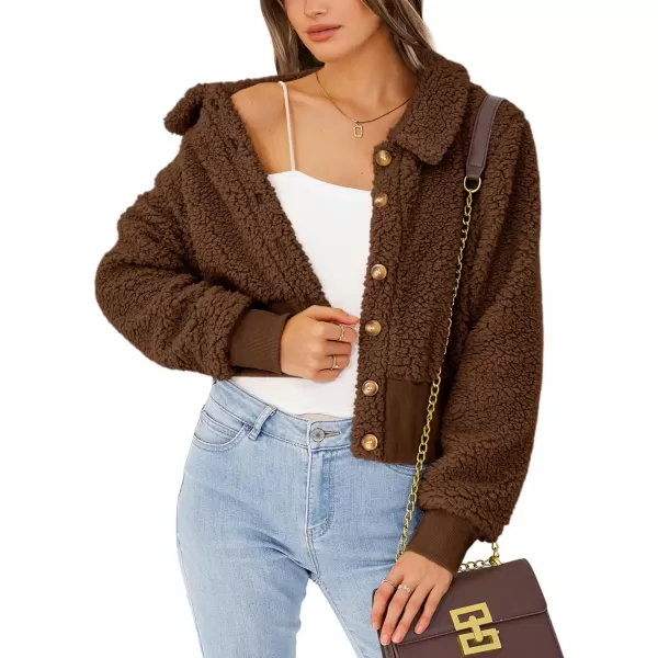 imageBTFBM Womens Button Down Sherpa Shacket Jacket Long Sleeve Faux Fur Warm Fall Winter Outwear Fuzzy Fleece Short CoatsSolid Coffee