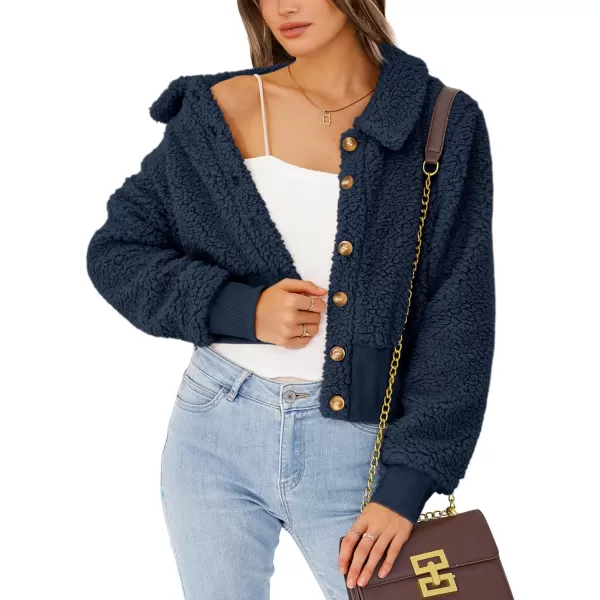 imageBTFBM Womens Button Down Sherpa Shacket Jacket Long Sleeve Faux Fur Warm Fall Winter Outwear Fuzzy Fleece Short CoatsSolid Dark Blue