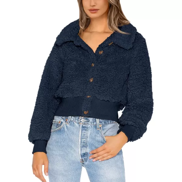 imageBTFBM Womens Button Down Sherpa Shacket Jacket Long Sleeve Faux Fur Warm Fall Winter Outwear Fuzzy Fleece Short CoatsSolid Dark Blue