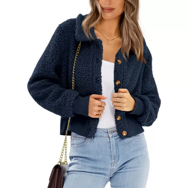 imageBTFBM Womens Button Down Sherpa Shacket Jacket Long Sleeve Faux Fur Warm Fall Winter Outwear Fuzzy Fleece Short CoatsSolid Dark Blue