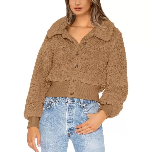 imageBTFBM Womens Button Down Sherpa Shacket Jacket Long Sleeve Faux Fur Warm Fall Winter Outwear Fuzzy Fleece Short CoatsSolid Khaki