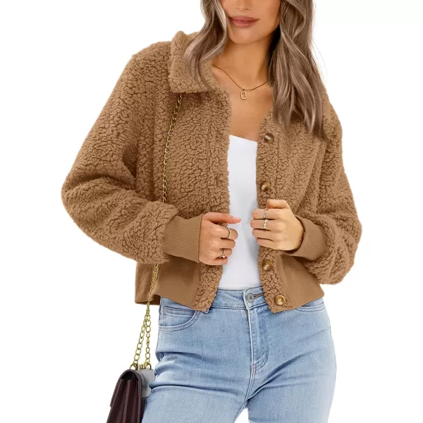 imageBTFBM Womens Button Down Sherpa Shacket Jacket Long Sleeve Faux Fur Warm Fall Winter Outwear Fuzzy Fleece Short CoatsSolid Khaki