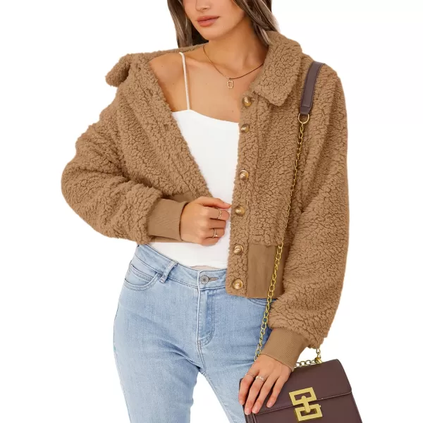 imageBTFBM Womens Button Down Sherpa Shacket Jacket Long Sleeve Faux Fur Warm Fall Winter Outwear Fuzzy Fleece Short CoatsSolid Khaki