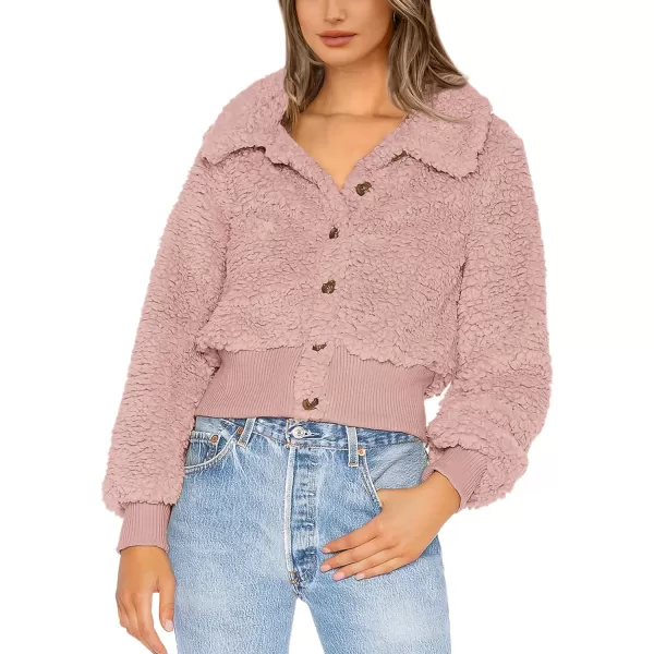 imageBTFBM Womens Button Down Sherpa Shacket Jacket Long Sleeve Faux Fur Warm Fall Winter Outwear Fuzzy Fleece Short CoatsSolid Shrimp Pink
