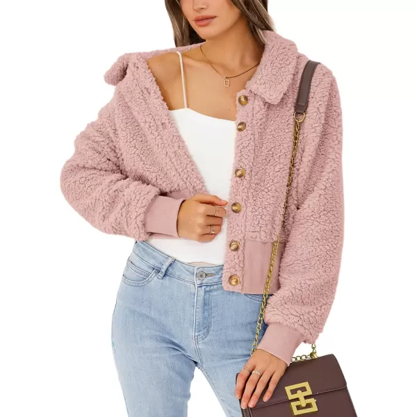 imageBTFBM Womens Button Down Sherpa Shacket Jacket Long Sleeve Faux Fur Warm Fall Winter Outwear Fuzzy Fleece Short CoatsSolid Shrimp Pink