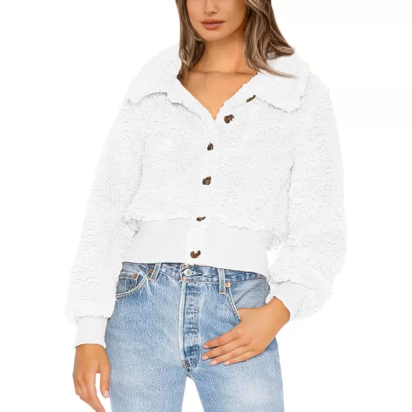 imageBTFBM Womens Button Down Sherpa Shacket Jacket Long Sleeve Faux Fur Warm Fall Winter Outwear Fuzzy Fleece Short CoatsSolid White