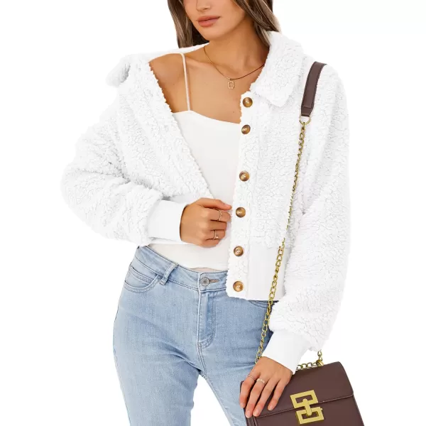 imageBTFBM Womens Button Down Sherpa Shacket Jacket Long Sleeve Faux Fur Warm Fall Winter Outwear Fuzzy Fleece Short CoatsSolid White