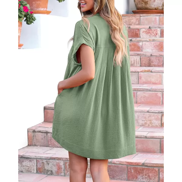 imageBTFBM Womens Button Down Shirt Dress 2024 Summer Short Sleeve V Neck Pleated Flowy Casual Babydoll Tunics Tops PocketsSolid Bean Green