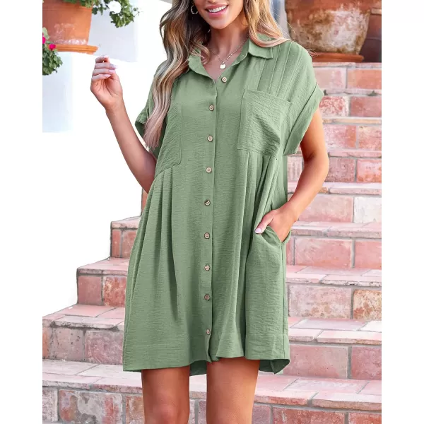 imageBTFBM Womens Button Down Shirt Dress 2024 Summer Short Sleeve V Neck Pleated Flowy Casual Babydoll Tunics Tops PocketsSolid Bean Green