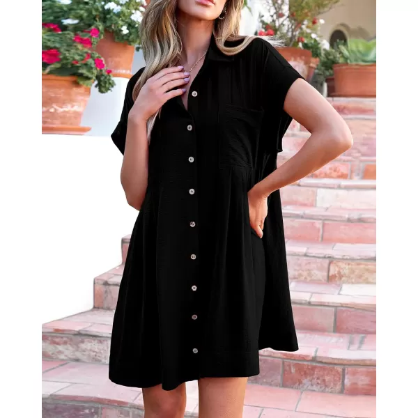 imageBTFBM Womens Button Down Shirt Dress 2024 Summer Short Sleeve V Neck Pleated Flowy Casual Babydoll Tunics Tops PocketsSolid Black