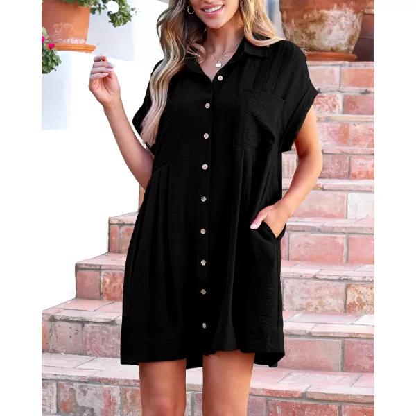 imageBTFBM Womens Button Down Shirt Dress 2024 Summer Short Sleeve V Neck Pleated Flowy Casual Babydoll Tunics Tops PocketsSolid Black
