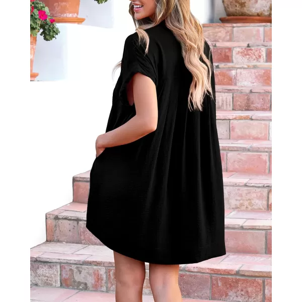 imageBTFBM Womens Button Down Shirt Dress 2024 Summer Short Sleeve V Neck Pleated Flowy Casual Babydoll Tunics Tops PocketsSolid Black