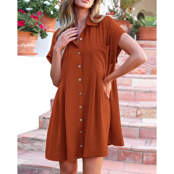 imageBTFBM Womens Button Down Shirt Dress 2024 Summer Short Sleeve V Neck Pleated Flowy Casual Babydoll Tunics Tops PocketsSolid Brick Red