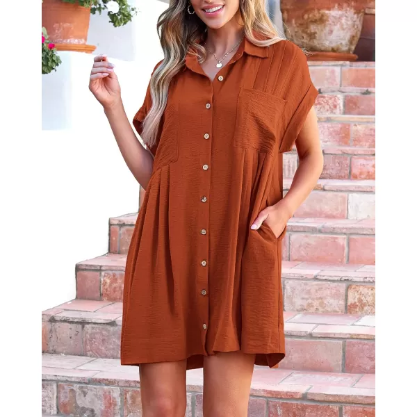 imageBTFBM Womens Button Down Shirt Dress 2024 Summer Short Sleeve V Neck Pleated Flowy Casual Babydoll Tunics Tops PocketsSolid Brick Red