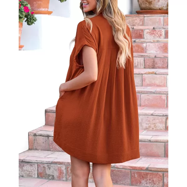 imageBTFBM Womens Button Down Shirt Dress 2024 Summer Short Sleeve V Neck Pleated Flowy Casual Babydoll Tunics Tops PocketsSolid Brick Red