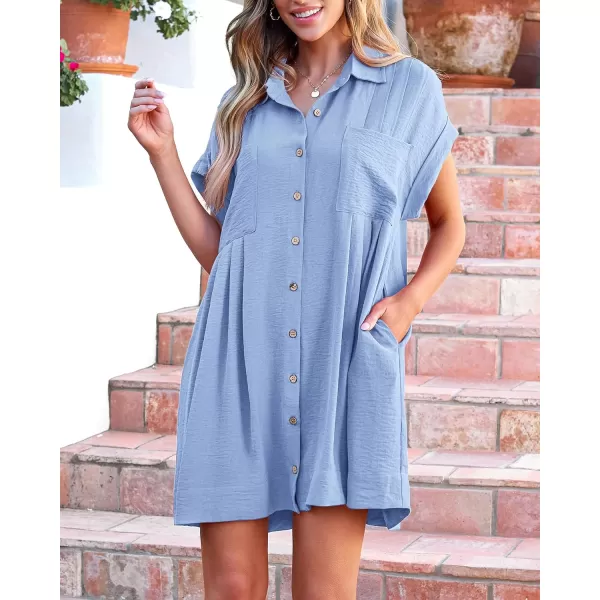 imageBTFBM Womens Button Down Shirt Dress 2024 Summer Short Sleeve V Neck Pleated Flowy Casual Babydoll Tunics Tops PocketsSolid Light Blue