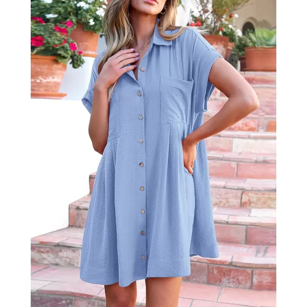 imageBTFBM Womens Button Down Shirt Dress 2024 Summer Short Sleeve V Neck Pleated Flowy Casual Babydoll Tunics Tops PocketsSolid Light Blue