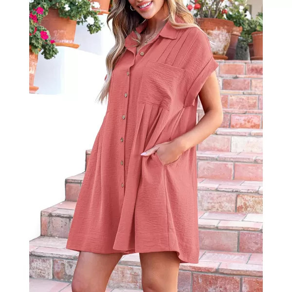 imageBTFBM Womens Button Down Shirt Dress 2024 Summer Short Sleeve V Neck Pleated Flowy Casual Babydoll Tunics Tops PocketsSolid Orange Pink