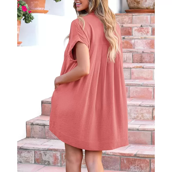 imageBTFBM Womens Button Down Shirt Dress 2024 Summer Short Sleeve V Neck Pleated Flowy Casual Babydoll Tunics Tops PocketsSolid Orange Pink