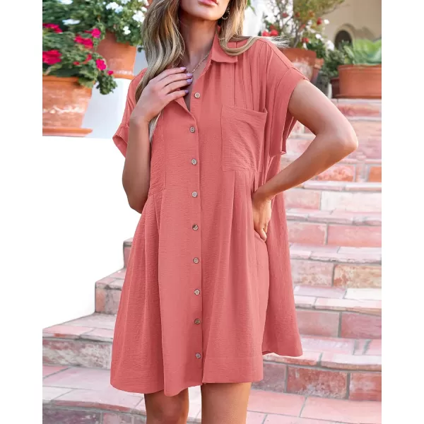 imageBTFBM Womens Button Down Shirt Dress 2024 Summer Short Sleeve V Neck Pleated Flowy Casual Babydoll Tunics Tops PocketsSolid Orange Pink
