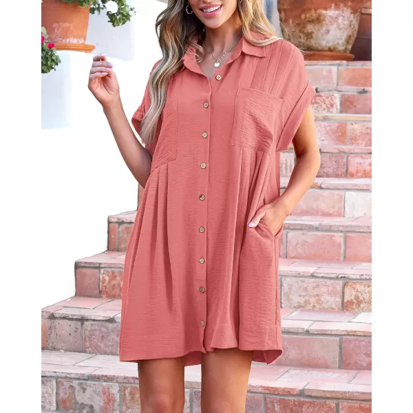 imageBTFBM Womens Button Down Shirt Dress 2024 Summer Short Sleeve V Neck Pleated Flowy Casual Babydoll Tunics Tops PocketsSolid Orange Pink