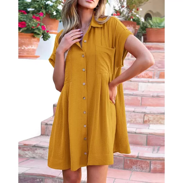 imageBTFBM Womens Button Down Shirt Dress 2024 Summer Short Sleeve V Neck Pleated Flowy Casual Babydoll Tunics Tops PocketsSolid Yellow