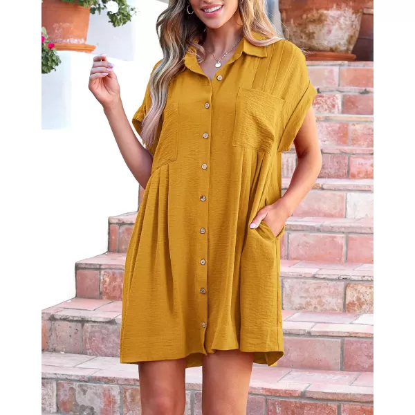 imageBTFBM Womens Button Down Shirt Dress 2024 Summer Short Sleeve V Neck Pleated Flowy Casual Babydoll Tunics Tops PocketsSolid Yellow