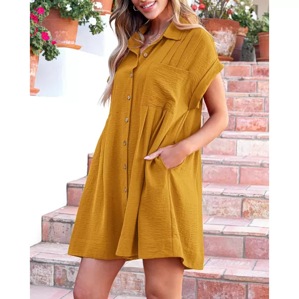 imageBTFBM Womens Button Down Shirt Dress 2024 Summer Short Sleeve V Neck Pleated Flowy Casual Babydoll Tunics Tops PocketsSolid Yellow