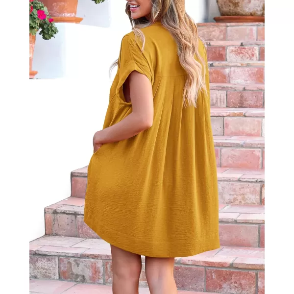imageBTFBM Womens Button Down Shirt Dress 2024 Summer Short Sleeve V Neck Pleated Flowy Casual Babydoll Tunics Tops PocketsSolid Yellow