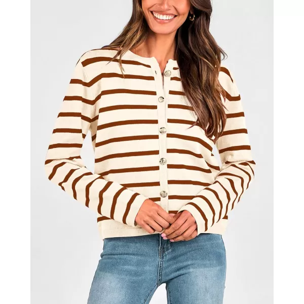 imageBTFBM Womens Cardigans Sweater 2023 Fall Striped Long Sleeve Button Down Cropped Open Front Knit Outerwear Deco PocketsStriped Beige Caramel