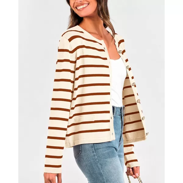 imageBTFBM Womens Cardigans Sweater 2023 Fall Striped Long Sleeve Button Down Cropped Open Front Knit Outerwear Deco PocketsStriped Beige Caramel