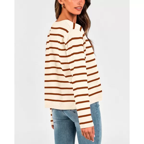 imageBTFBM Womens Cardigans Sweater 2023 Fall Striped Long Sleeve Button Down Cropped Open Front Knit Outerwear Deco PocketsStriped Beige Caramel