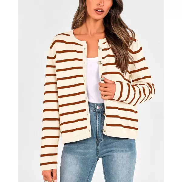 imageBTFBM Womens Cardigans Sweater 2023 Fall Striped Long Sleeve Button Down Cropped Open Front Knit Outerwear Deco PocketsStriped Beige Caramel