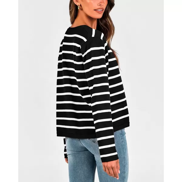 imageBTFBM Womens Cardigans Sweater 2023 Fall Striped Long Sleeve Button Down Cropped Open Front Knit Outerwear Deco PocketsStriped Black White