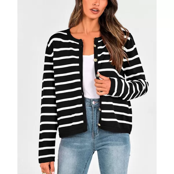 imageBTFBM Womens Cardigans Sweater 2023 Fall Striped Long Sleeve Button Down Cropped Open Front Knit Outerwear Deco PocketsStriped Black White
